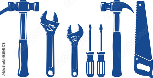 Set of blue silhouette tools on a transparent background hammer wrench