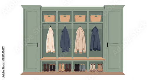 Stylish mudroom entryway with green storage, perfect for families organizing coats and boots in a modern home, creating a clutter-free lifestyle