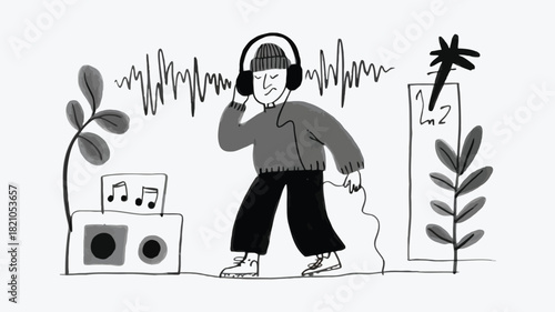 A modern musician wearing a beanie engrossed in listening to music depicted as a clean vector illustration with vibrant colors and clear lines perfect for digital or print media