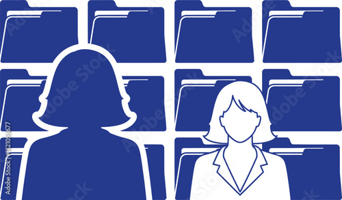 Silhouettes of people and folders in a grid pattern person woman