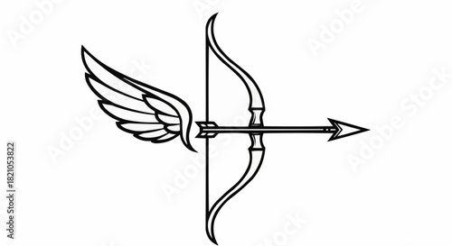 Simple black and white line art of a bow and winged arrow.