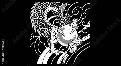 Detailed Illustration of a Fierce Dragon Clutching a Mystical Orb.