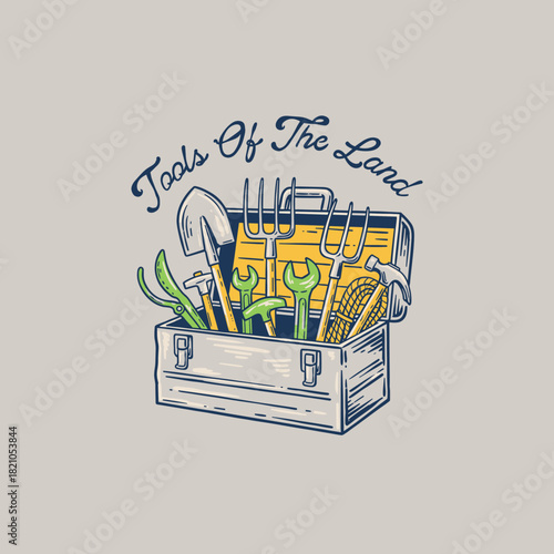Vintage Tools Of The Land logo.Retro Farm Work Toolbox emblem.Hand Drawn Garden Equipment badge.Agriculture Maintenance vector.Shovel and Wrench utili