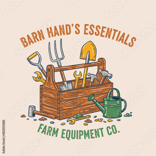 Rustic Farm Hand Tool Box.Vintage Barn Essentials Emblem.Gardener Equipment Co Logo.Hand Drawn Farm Tools Illustration.Retro Agricultural Worker Kit