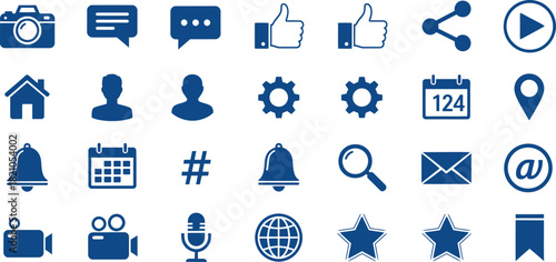 Social media and communication icons in blue on a transparent background Keywords: camera, photo