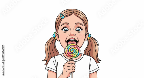 Girl enjoying a colorful lollipop with a happy expression.