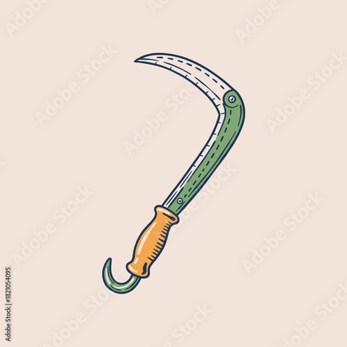 Vintage Pruning Tool.Retro Sickle Vector.Gardening Billhook Icon.Farming Hand Tool.Rustic Garden Supply