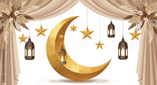 Celebrate Ramadan with this stunning golden moon and stars illustration, perfect for festive decorations and holiday greetings, creating a warm atmosphere