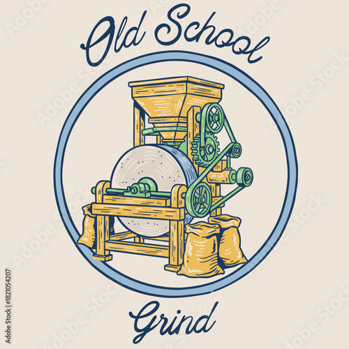 Old School Mill Grinder Badge.Vintage Grain Milling Machine.Retro Stone Grinding Emblem.Rustic Flour Industrial Label.Hand Drawn Mill Equipment