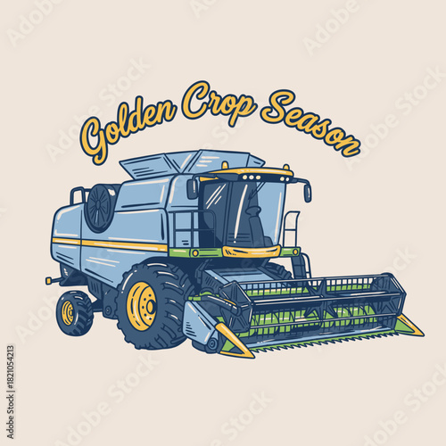 Retro Combine Harvester Art.Golden Crop Season Vector.Vintage Farm Machine Illustration.Agriculture Harvest Design.Heavy Equipment Print