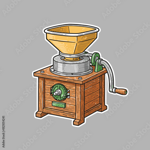 Vintage Hand Grinder Sticker.Retro Grain Mill Illustration.Manual Grinding Machine Vector.Old Mill Equipment Icon.Wooden Hand Crank Grinder