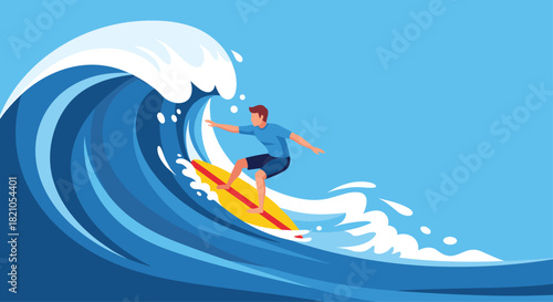 Catch a wave surfing summer fun with a man riding a surfboard on a vibrant blue ocean swell for a dynamic travel or vacation adventure