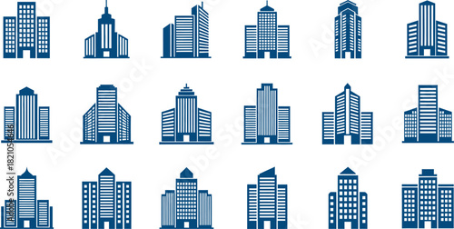 Various Building Icons Blue On transparent Background buildings architecture