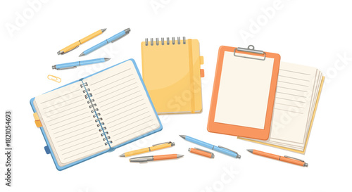 Creative workspace flatlay featuring colorful notebooks, pens, and clipboard for modern office organization and stylish productivity setup