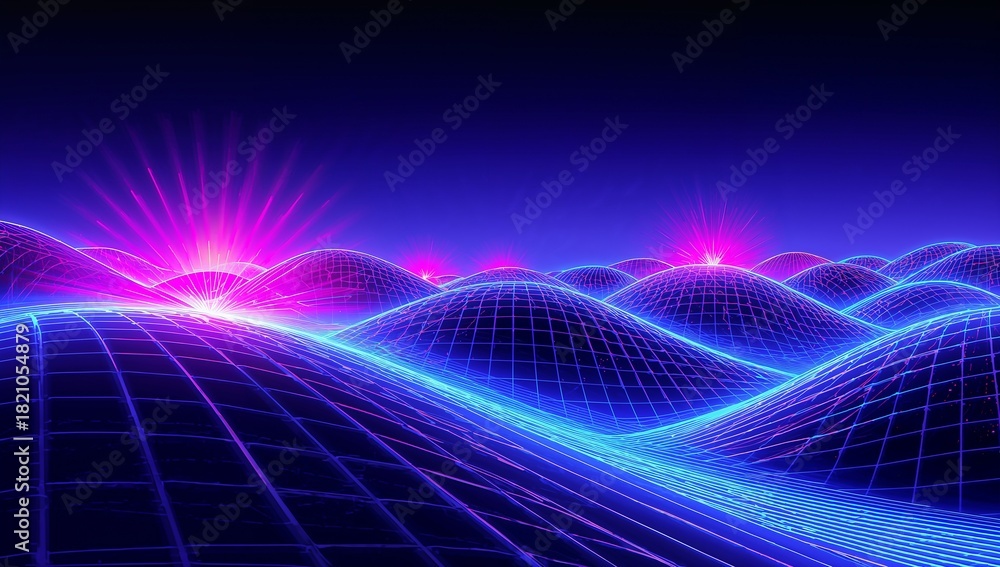 Fototapeta premium Rolling neon wireframe hills curving across cyberspace, showing cyan grid lines and magenta bursts