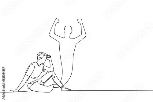 Single line draw of man sitting cry and covering face in distress, with shadow cast behind in a triumphant pose. Show emotional strength and growth after suffering. National Posttraumatic Growth Day
