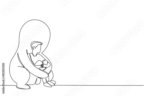 Single line drawing of man sitting alone and distressed, being enveloped by giant hug shadow, comforting figure, symbolizing overwhelming support or self-compassion. National Posttraumatic Growth Day