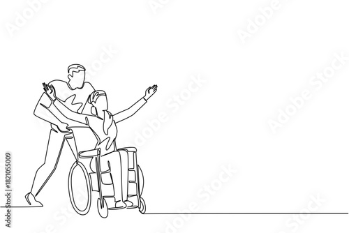 Continuous line draw of man pushing a woman in wheelchair, with the woman raising her arms in joy or freedom, symbolizing support to cancer patient and independence. National Random Acts of Light Day.