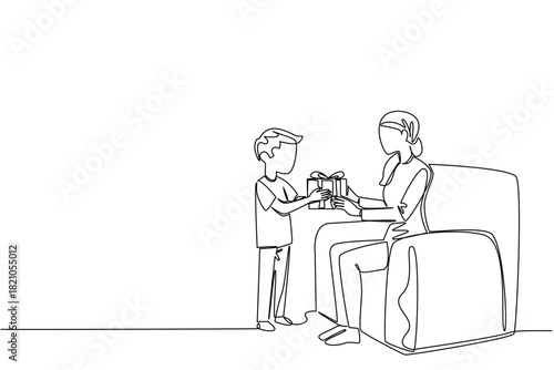 Boy gives a present to his mother in continuous line drawing, celebrating National Random Acts of Light Day theme with a family concept, show kindness, gratitude, and support between son and his mom.