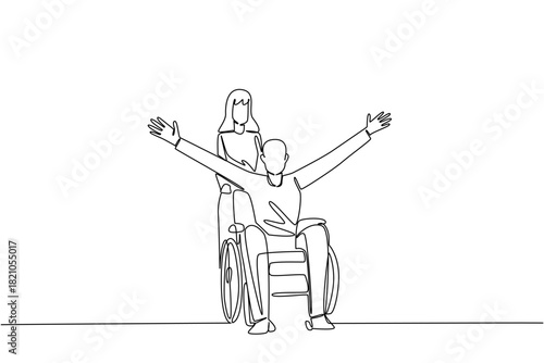 A cheerful man raises arms while a woman assists his wheelchair in continuous line drawing, marking National Random Acts of Light Day theme with a health concept, spreading hope, care, and inclusion