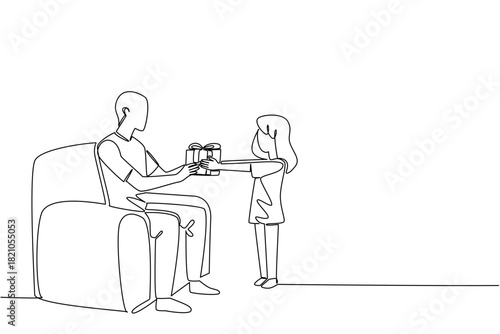 Girl gives a present to her father in single line draw, celebrating National Random Acts of Light Day theme with a family concept, emphasizing kindness, gratitude, and support between daughter and dad