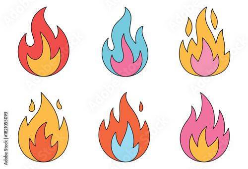 A collection of six stylized flame icons in various color combinations on a white background.