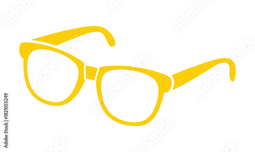 A bright yellow pair of eyeglasses is presented against a stark white background, showcasing its simple yet stylish frame.