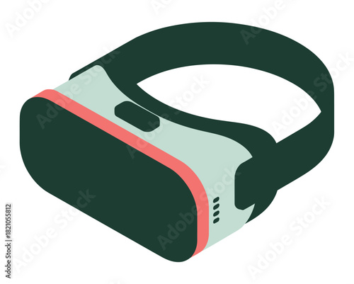 A virtual reality headset is depicted in an isometric view, showcasing its sleek design and advanced technology for immersive experiences.