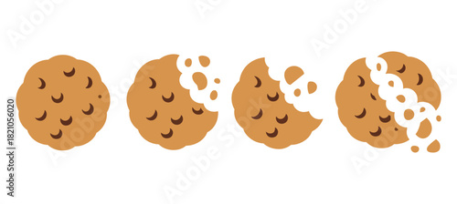 A sequence of four cookies shows the progression from whole to partially eaten and then crumbling.