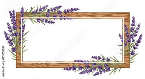 Elegant lavender floral frame for invitations and promotions with charming rustic wood texture, perfect for spring or summer design projects