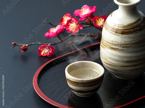 湯気の立つ日本酒と梅の枝の和風イメージ