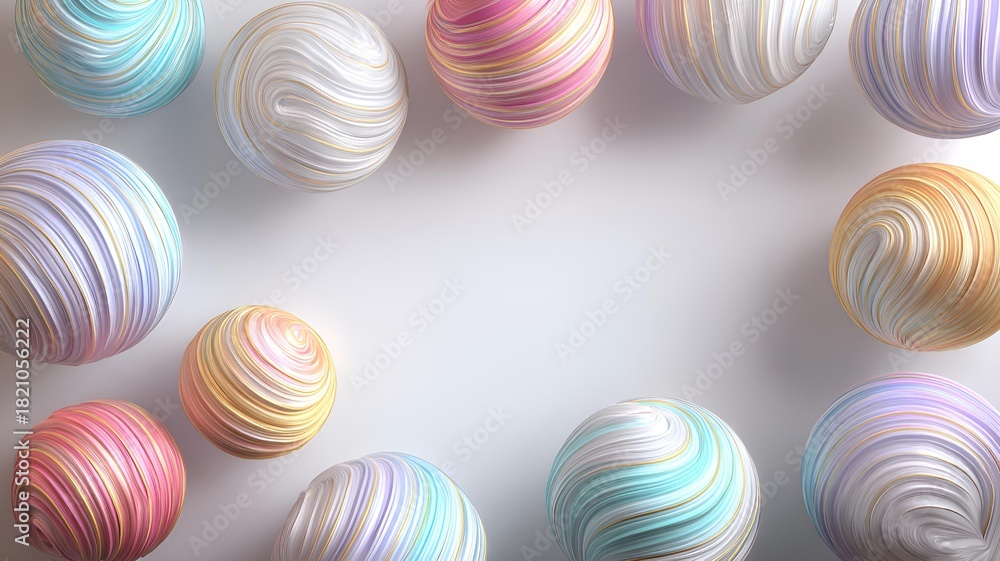 Fototapeta premium Many abstract colorful spheres with a wavy striped pattern isolated on plain white background. 3D rendered graphic elements, dynamic, swirling. Background and poster design, copy space