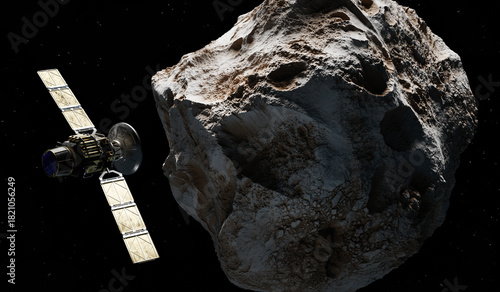 Satellite in Space passing asteroid
