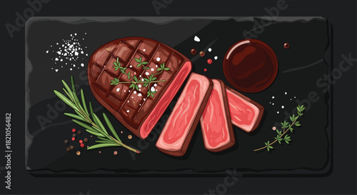 Delicious grilled steak with rosemary, thyme, and spices on a black slate board perfect for restaurant menus or food blog graphics