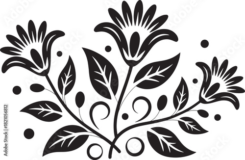 Elegant black floral decorative ornament with leaves, berries