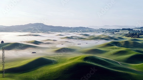 An aerial view of rolling green hills blanketed in mist during a soft sunrise. Small farmhouses and scattered trees are visible in the distance, creating a sere