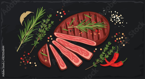 Juicy grilled steak with herbs and spices, ready for a gourmet meal or restaurant menu design, offering a taste of culinary excellence