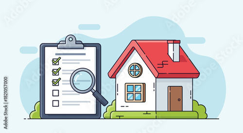 Home inspection checklist with magnifying glass, ensures property quality and safety for new homeowners, ideal for real estate and insurance ads