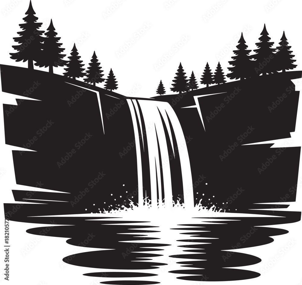 Fototapeta premium Cascading waterfall with conifer trees vector nature landscape