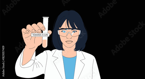 Female scientist holding a test tube labeled towards a cure in the lab environment striving for a