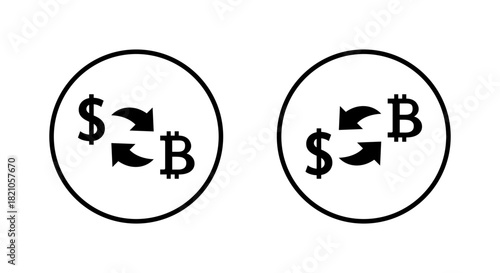 Crypto exchange icon in circular outline. Dollar to Bitcoin conversion symbol