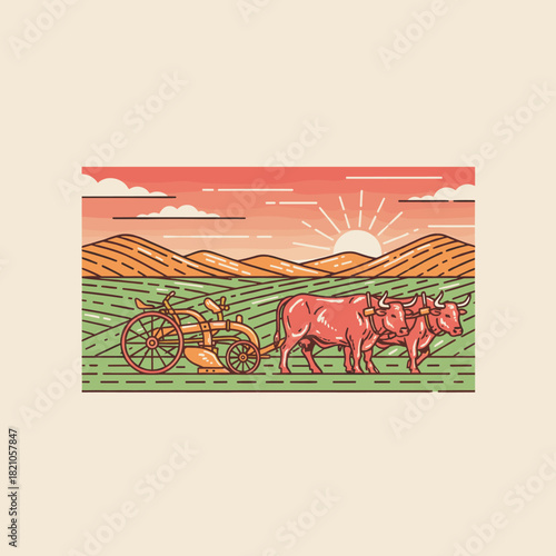 Farm Plowing Oxen Mascot.Retro Farm Landscape Vector.Agriculture Sunset Illustration.Monoline Farming Scene.Plow and Cattle Badge Art