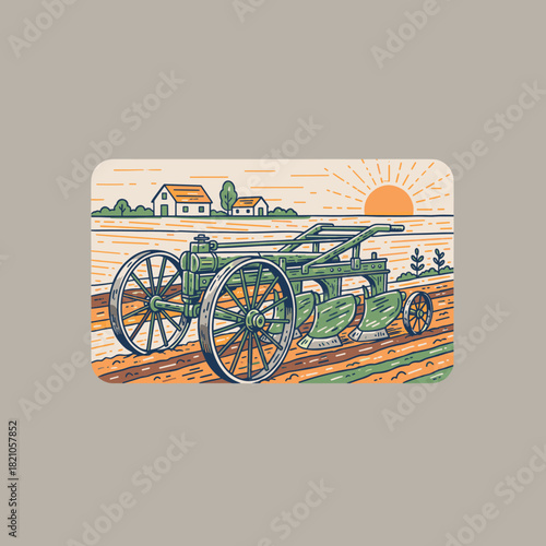Retro farming plow badge.Vintage agricultural tractor illustration.Classic field plowing equipment.Rustic farm life vector artwork.Sunrise harvest mac