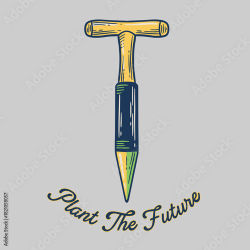 Vintage Planting Tool Design.Retro Garden Dibber Art.Plant The Future Emblem.Engraved Gardening Graphic.Rustic Hand Tool Illustration