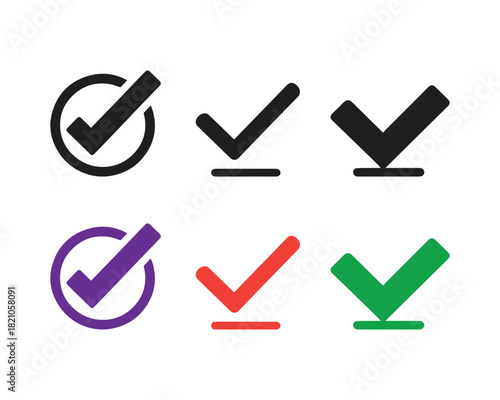 Set of checkmark (tick) vector icons in various styles and colors, including outlined and standalone marks. Essential graphic symbols for approval, completion, confirmation, success, or voting-survey.