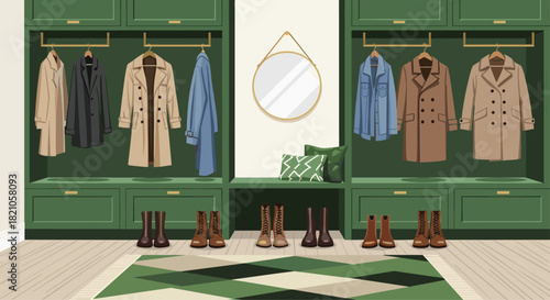 Stylish green entryway with trendy coats, boots, and a round mirror, perfect for home decor inspiration or showcasing modern interior design