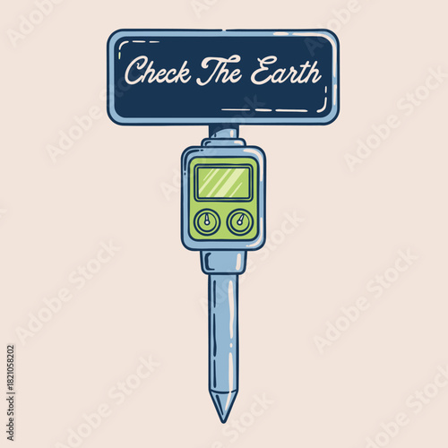 Retro Soil Tester Meter.Check The Earth Tool.Vintage Garden pH Gauge.Ecology Monitor Illustration.Agriculture Tester Vector