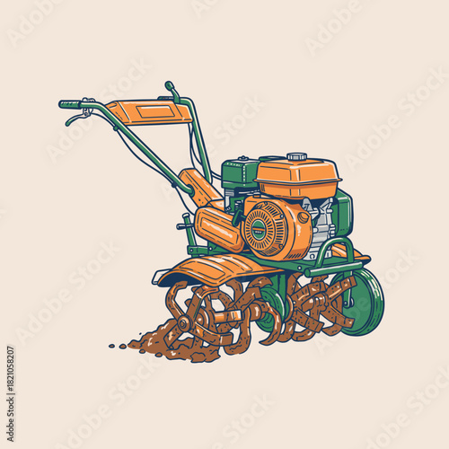 Retro Garden Tiller Illustration.Vintage Power Cultivator Art.Farming Machine Vector.Rototiller Digging Soil.Agriculture Equipment Emblem
