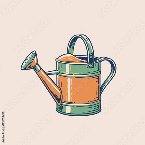 Retro Watering Can Illustration.Vintage Garden Tool Icon.Farming Equipment Vector Art.Metal Sprinkler Badge.Spring Gardening Label