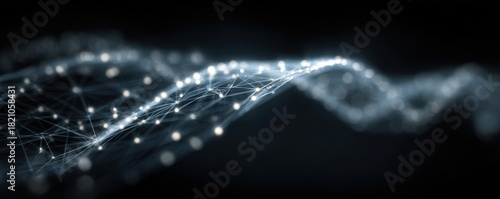 Glowing lines with connected dots creating a network visualization. Data flow concept, Wi-Fi wireless internet connection network technology.